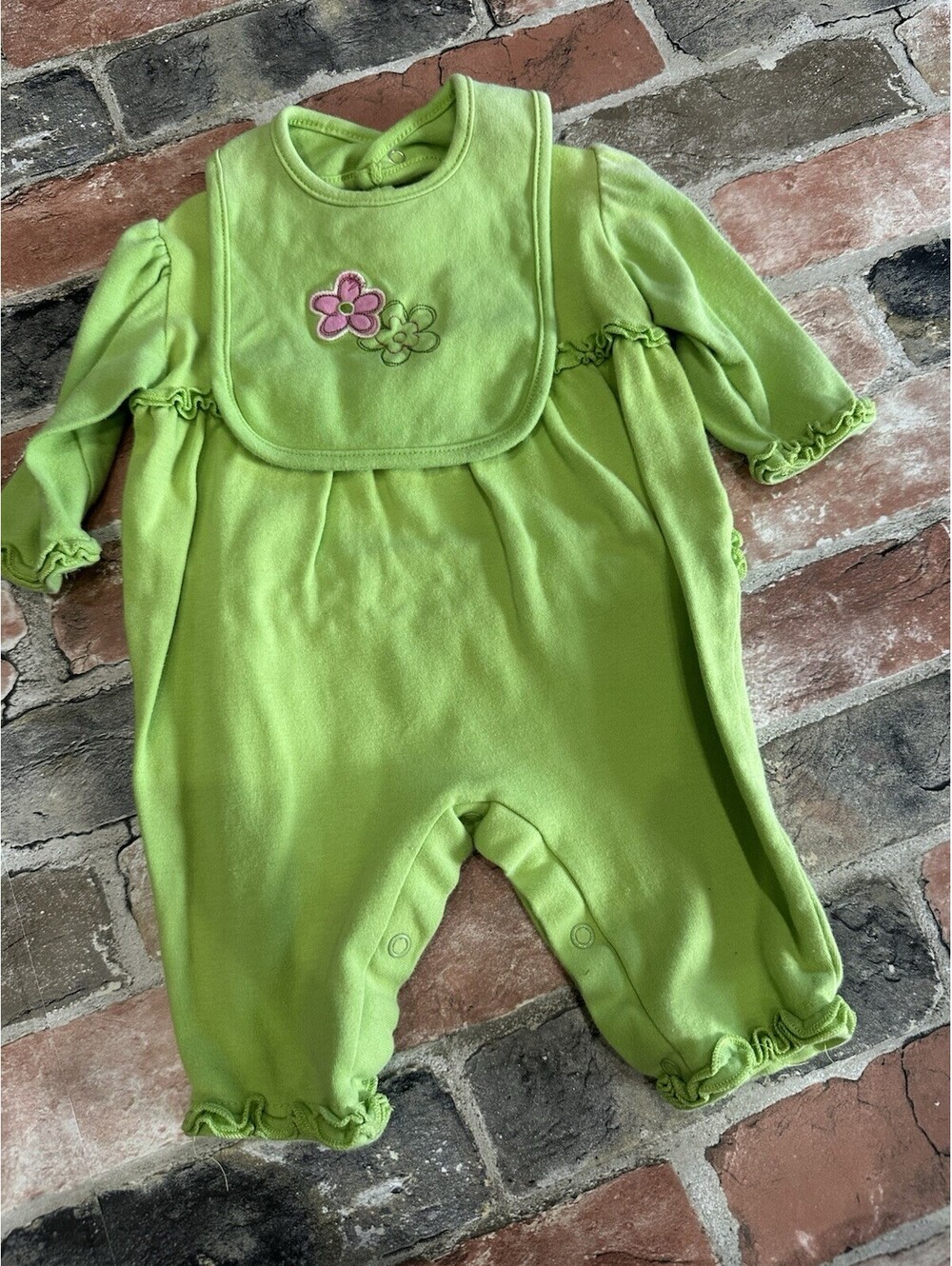 Carter’s Baby Girl 6M Green Floral Long Sleeve Romper & Bib 2-Piece Set